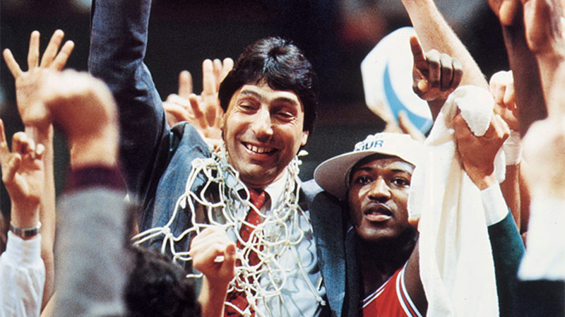 Photo of victorious basketball coach Jim Valvano Photo of victorious basketball coach Jim Valvano